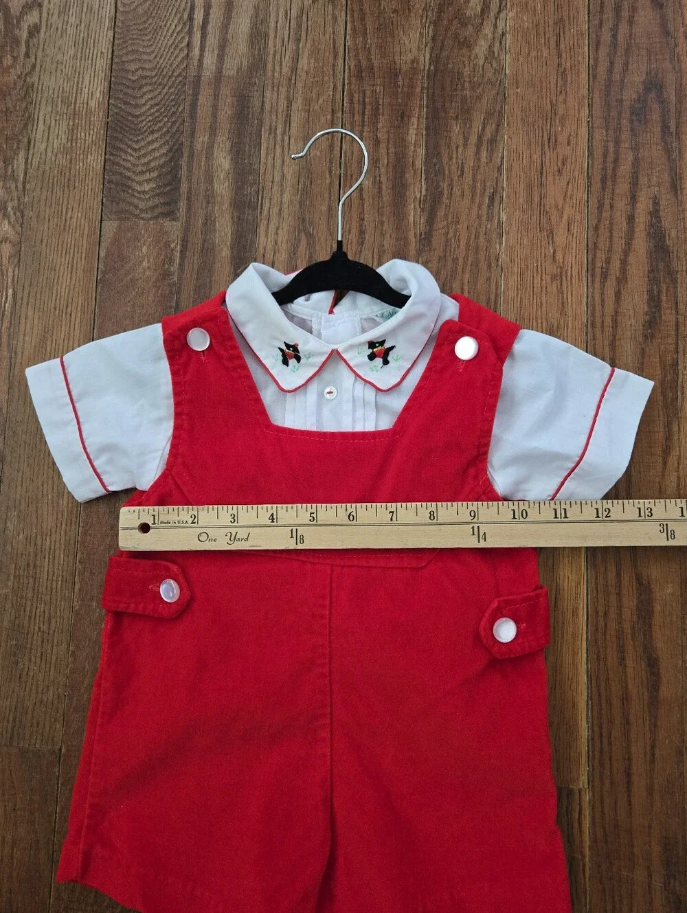 Vintage Baby 2Pc Set Red Velvet Romper Scotty Dog Embroidered Shirt 12-18M